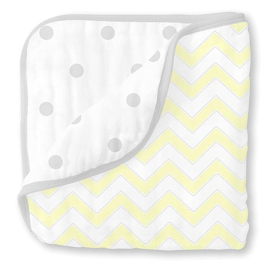 SwaddleDesigns 4-Layer Cotton Muslin Luxe Blanket, Baby and Toddler Cuddle and Dream, 46x46 inches, Yellow Chevron and Dots