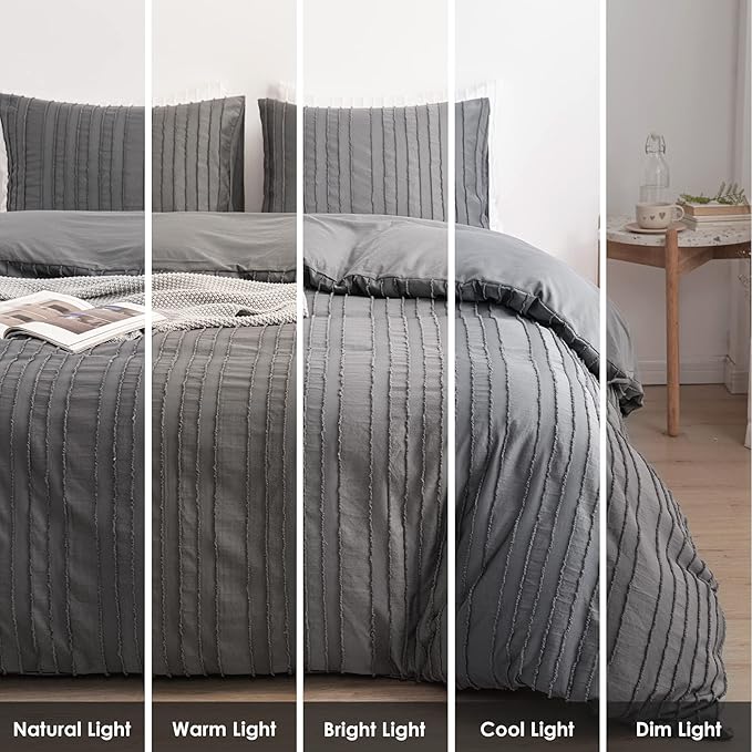WARMDERN Gray Boho Duvet Cover Set, Striped Textured Tufted Bedding, Twin Size Washed Microfiber Duvet with Zipper Closure & Corner Ties