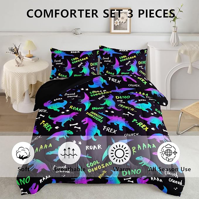 Axolotl Cartoon Dinosaur Bedding Set,Queen Size Kids Bed Set,Gradient Dinosaur Comforter Set,1 Quilt with 2 Pillowcases for Boys Girls Kids Teens Children Adults Room Decor All Season,Black
