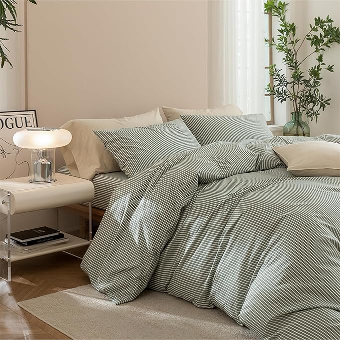 JIYUAN 100% Washed Cotton Striped Duvet Cover Set 3 Pieces King, 1 Duvet Cover and 2 Pillowcases(Comforter Not Included),Linen Like Comfy and Breathable,Pinstripes - Green White