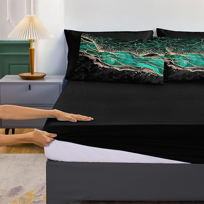 Emerald Green Comforter Set - Twin Size Bed in a Bag - 6 Pieces - Black and Gold Marble Bedding Comforter with Gold Metallic Glitter Marble River Texture