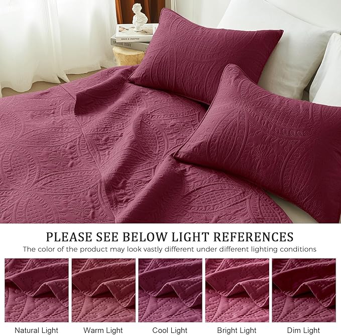 akkialla Burgundy Full/Queen Quilt Set, Ultrasonic Lightweight Bedspread Coverlet for Modern Minimalist Bedroom, Soft Microfiber Coin Pattern Bedding, 3-Piece (1 Quilt, 2 Pillow Shams) | Breathable fabric