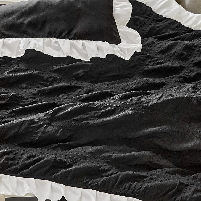 Ruffled Crib Bedding Set Baby Boho Quilted Comforter with Fitted Sheet and Bed Skirt - Cute Soft Breathable Seersucker Ruffled Shabby Chic Bedding Soft Blanket Design - Black