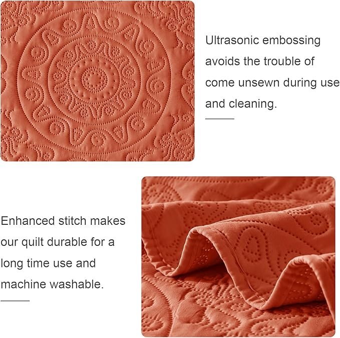 WURUIBO Burnt Orange Quilt Set Queen Size, Embossing Microfiber Full Bedspreads with Pillow Sham, Ligthweight Breathable Thin Coverlet, Reversible Bedding Set for All Season (1 Quilt, 2 Pillow Shams)