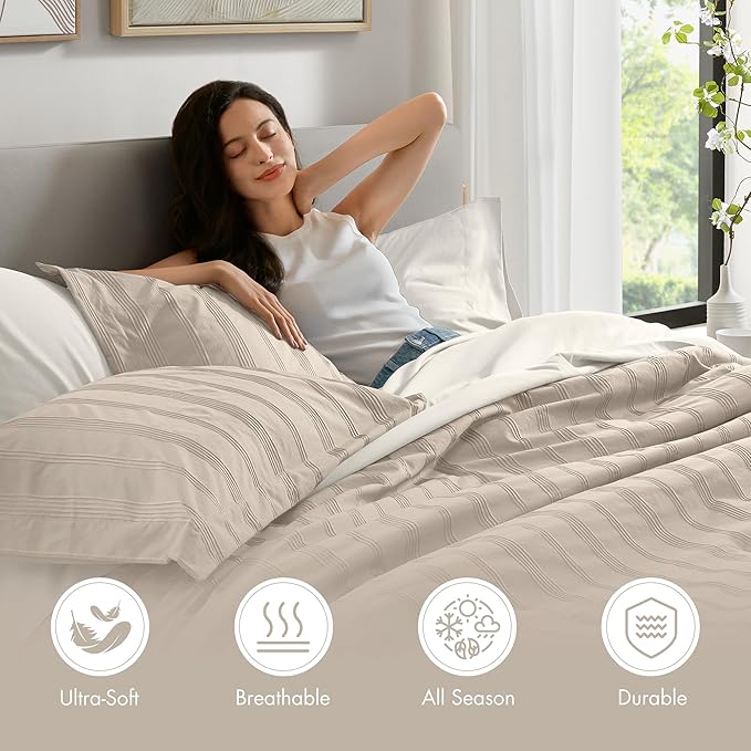 Madison Park Essentials Striped Comforter Set Cal King, 7 Pieces Modern Minimalist Jacquard Bedding Set for All Season, Bed in A Bag with Sheet Set and Soft Brushed Reverse, Lightweight Neutral