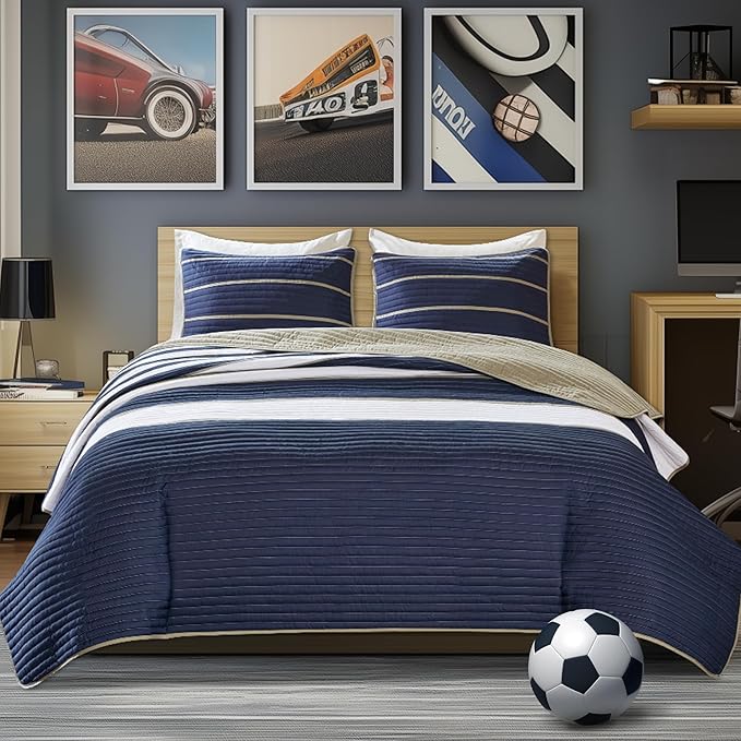 Comfort Spaces Quilt Set Trendy Casual Fun, Vibrant Color Design, Hypoallergenic All Season, Lightweight Coverlet Bedspread Cozy Kids Bedding & Sham Full/Queen Verone White Blue Stripe 3 Piece