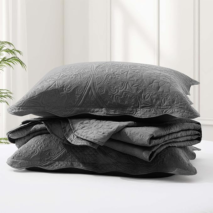 IR Imperial Rooms 8 Pack Quilt King Size Bedding (106" x 96") - Bulk Wholesale for Hotels, Guest Bedroom & Airbnbs - Lightweight Microfiber Reversible Floral Embossed Quilts Bedspreads (Grey)