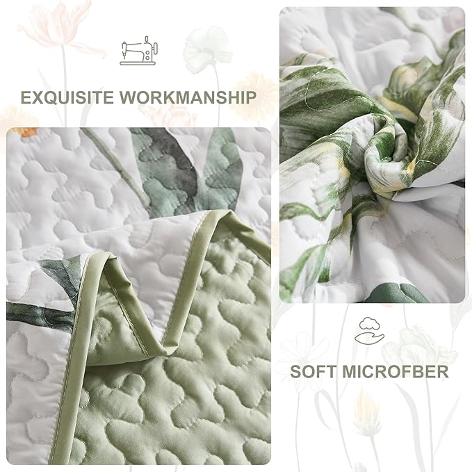 WONGS BEDDING 3 Pieces Quilt Set Queen,Sage Green Floral Printed Quilted Bedspread Set,Soft Lightweight Bedding Coverlet Set for All Seasons(96"x90")