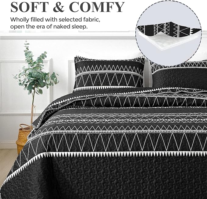 Andency Black Quilt Set California King (112x104 Inch), 3 Pieces(1 Striped Triangle Printed Quilt and 2 Pillowcases), Bohemian Summer Lightweight Reversible Microfiber Bedspread Coverlet Sets