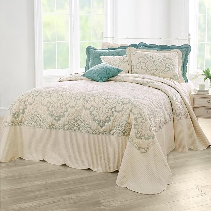 BrylaneHome Bedding Lightweight All Season Modern Amelia Quilted Damask Oversized Ultra Soft Bedspread - Full, Ivory Seaglass