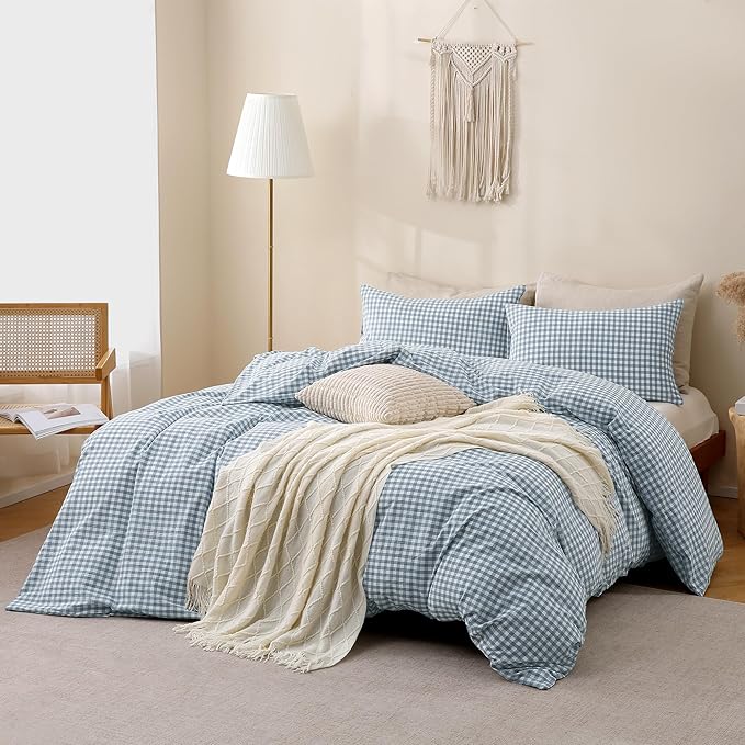 TOCOMOA Blue Gingham Duvet Cover Bedding Set 100% Washed Cotton Like Linen Feel Super Soft Comfortable 3 Piece Plaid Checkered Comforter Cover Set (California King 104"x98", Comforter Not Included)