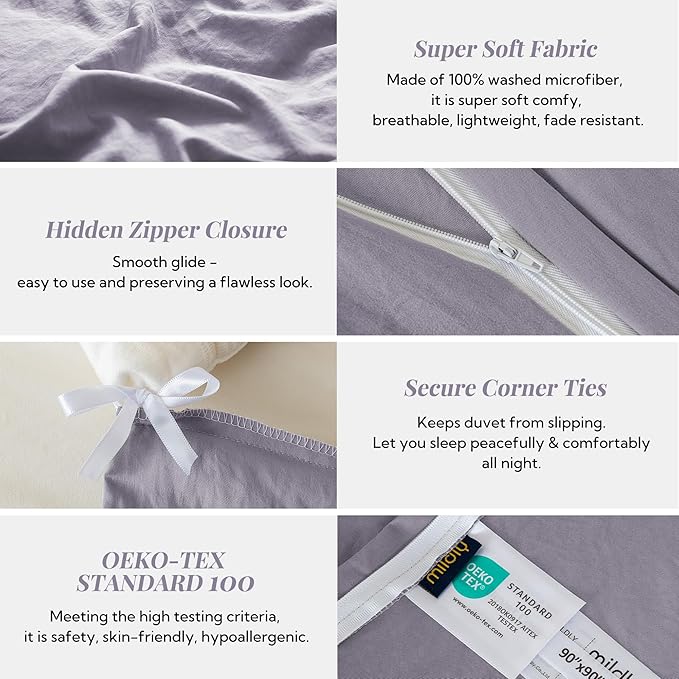 MILDLY Super Soft Duvet Cover 2pcs - 100% Washed Microfiber Comforter Cover Set with Zipper Closure & Corner Ties (No Comforter)