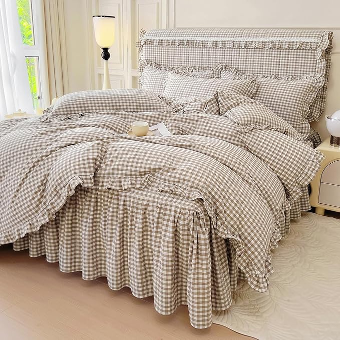 LifeTB Tan Gingham Comforter Set King Vintage Ruffle Beige Taupe Plaid Comforter Set 3 Pieces Soft Fluffy Grid Checkered Pattern Comforter with 2 Pillowcases Farmhouse Gingham Plaid Bedding Set