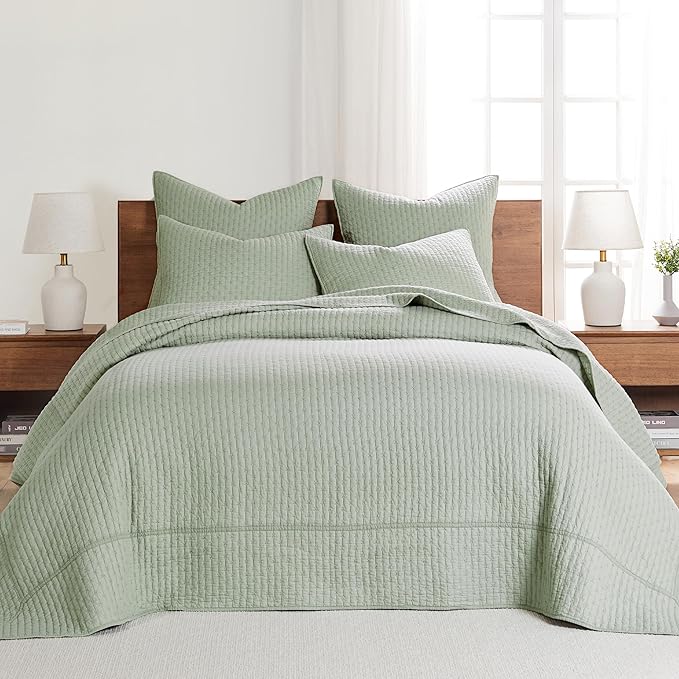 Levtex Home Cross Stitch Reversible Full Bedspread Set (100x104in) with 2 Pillow Shams (26x20in) - Stitch Texture - Desert Sage - Cotton Full Size Bedspread Set - Lightweight, Soft, Pre-Washed