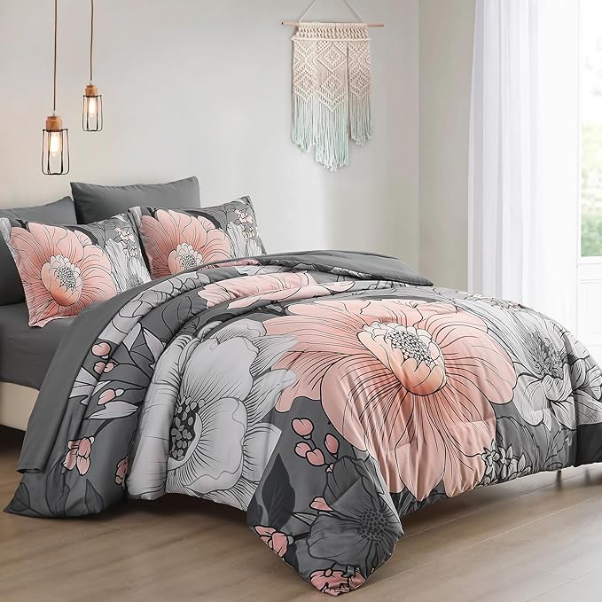 Xruibed King Comforter Set 7 Pieces Grey Floral Comforter Set King Size Bed in a Bag Flower Bedding Sets Lightweight Boho Bed Set with Sheet,Pillowcases&Shams for All Season
