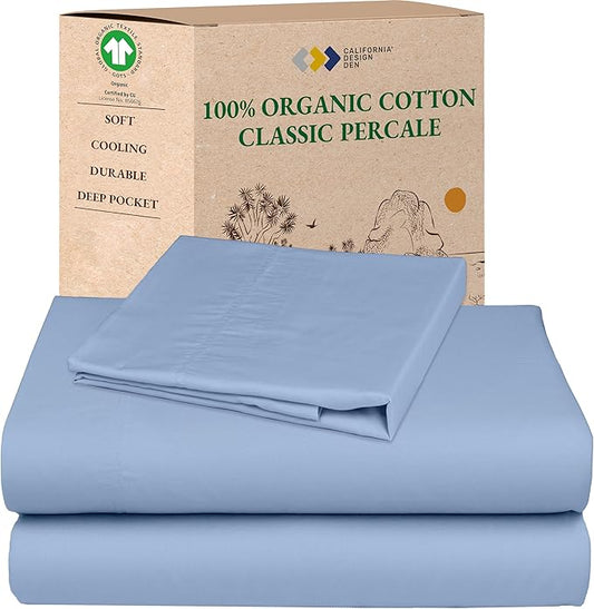 California Design Den Twin Sheets Set - Soft 100% Organic Cotton Sheets, Crisp and Cool Percale, Deep Pockets with Anti-Skid Elastic, Breathable and Durable Bedding Set - Light Blue