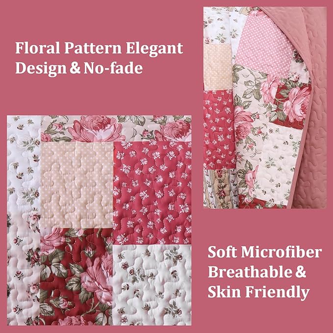 Anibedding 3Pieces Patchwork Quilts King Size, Bohemian Red Flower Plaid Bedspreads with Double Pillowcases for All Season