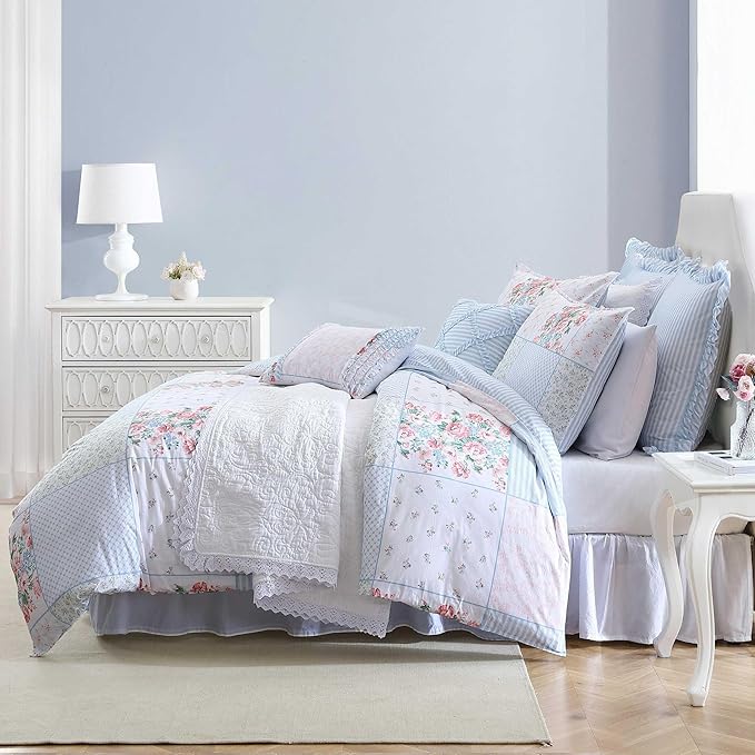 Laura Ashley - Comforter Set, Super Soft Bedding with Matching Shams, Includes Bonus Throw Pillow Covers, Coquette Room Decor (Hope Patchwork Blue, King)