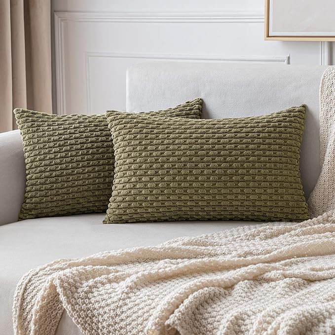 MIULEE Pack of 2 Decorative Lumbar Throw Pillow Covers 12x20 Inch Soft Boho Striped Textured Corduroy Pillow Covers Modern Farmhouse Home Decor for Couch Bed Sofa Living Room Olive Green