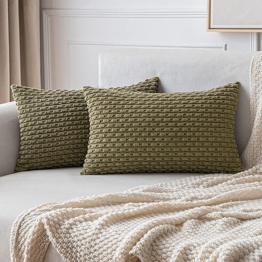 MIULEE Pack of 2 Decorative Lumbar Throw Pillow Covers 12x20 Inch Soft Boho Striped Textured Corduroy Pillow Covers Modern Farmhouse Home Decor for Couch Bed Sofa Living Room Olive Green