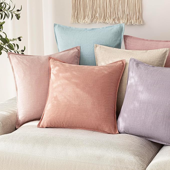 Foindtower Pack of 2, Decorative Linen Soild Throw Pillow Covers Soft Accent Euro Cushion Case Boho Farmhouse Pillowcase for Chair Couch Sofa Bedroom Living Room Home Decor 24 x 24 Inch Coral Pink