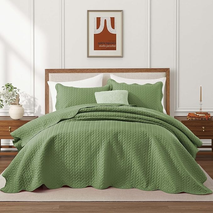 IR Imperial Rooms King Quilt Bedding Set Size (106" x 96") + 2 Pillow Shams (20" x 36"+ 2") - 3 Pcs All Season Lightweight Reversible Microfiber Coverlet Embossed Quilt Bedspread (Olive Green)