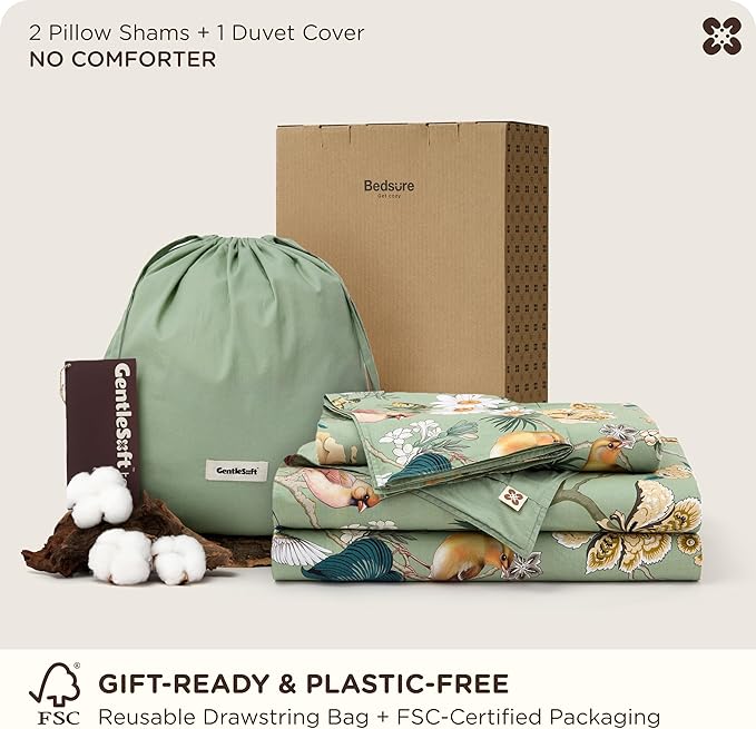 Bedsure 100% Cotton Reversible Floral Duvet Cover Queen Size - Flowers and Birds Pattern Printed Comforter Cover with Zipper Closure & 2 Pillow Shams, Comforter Sold Separately (Green Garden, 90"x90")
