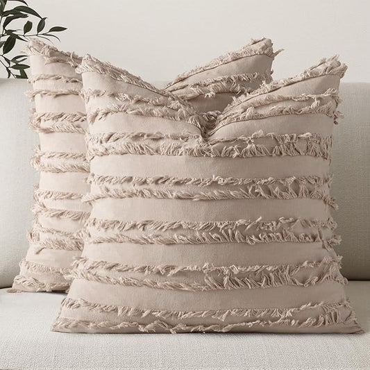 MIULEE Set of 2 Decorative Boho Throw Pillow Covers Spring Linen Striped Jacquard Pattern Cushion Covers for Sofa Couch Living Room Bedroom 16x16 Inch Beige