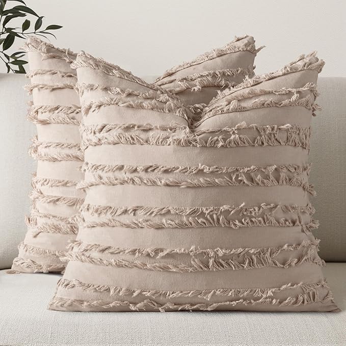 MIULEE Set of 2 Decorative Boho Throw Pillow Covers Spring Linen Striped Jacquard Pattern Cushion Covers for Sofa Couch Living Room Bedroom 18x18 Inch Beige