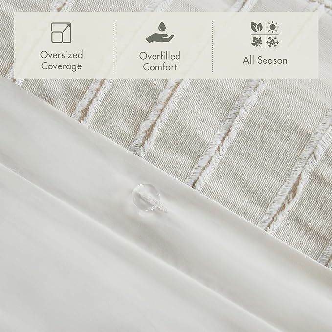Madison Park Queen Comforter Set Clipped Jacquard Stripes with Buttons Boho Comforter for a Queen-Size Bed, Cotton Oversized Comforters with Removable Cover Boho Bedding, Queen Ivory 8 Piece