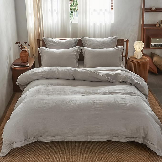 Simple&Opulence 100% Washed Linen Duvet Cover with Embroidered,3 Pieces Soft Farmhouse Comforter Set with Button Closure,1 Duvet Cover and 2 Pillowshams(Queen,Light Grey)