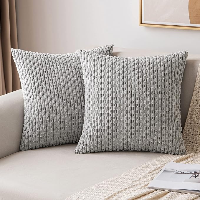 MIULEE Pack of 2 Decorative Throw Pillow Covers 16x16 Inch Soft Boho Striped Textured Corduroy Pillow Covers Modern Farmhouse Home Decor for Couch Bed Sofa Living Room Light Grey