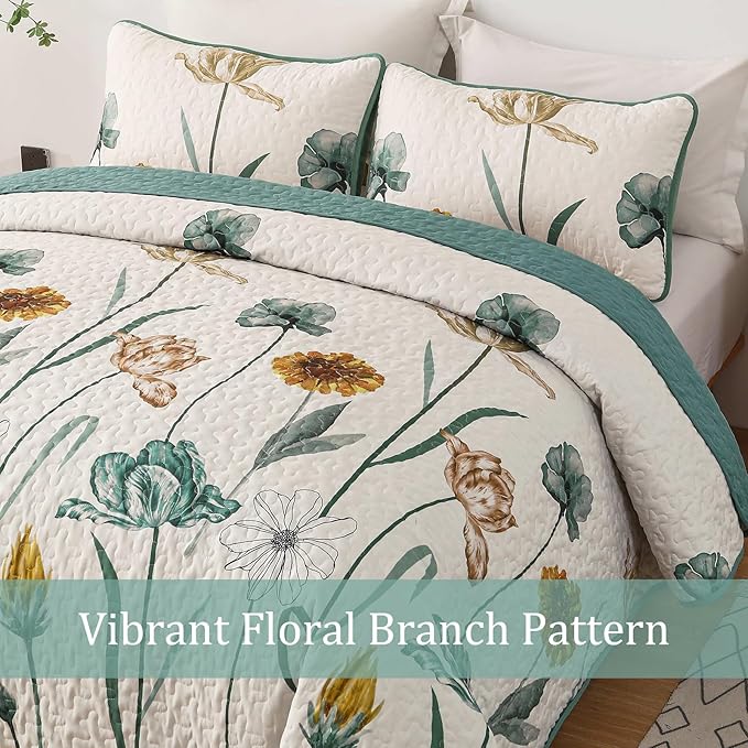 WONGS BEDDING Floral Quilt Set King,Green Yellow Printed Botanical Bedspread Bedding Set with 2 Pillowcase,Lightweight Spring Farmhouse Coverlet Set for All Season (104"x90")