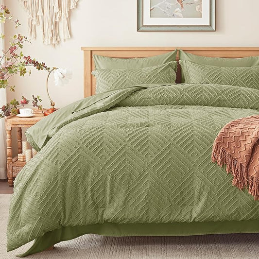 Zzlpp Twin Comforter Set 5 Pieces, Army Green Tufted Bed in a Bag with Comforter and Pillowcase, All Season Boho Bedding Sets with 1 Comforter, 1 Pillow Sham, 1 Flat Sheet, 1 Fitted Sheet