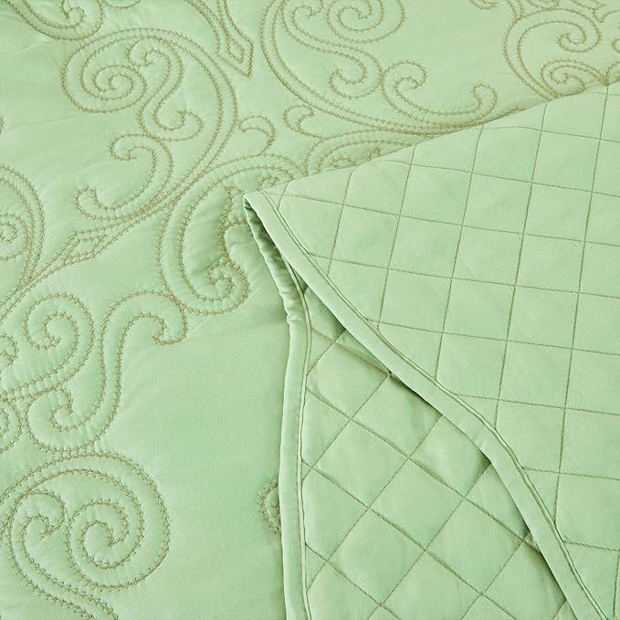 CHIXIN Bedspread Coverlet Quilt Set Full Size - Lightweight Bedding Cover - Beautiful Stitching - 5 Piece Reversible Bedspread - Luxury Damask Paisley Pattern (Full, Peak Green)