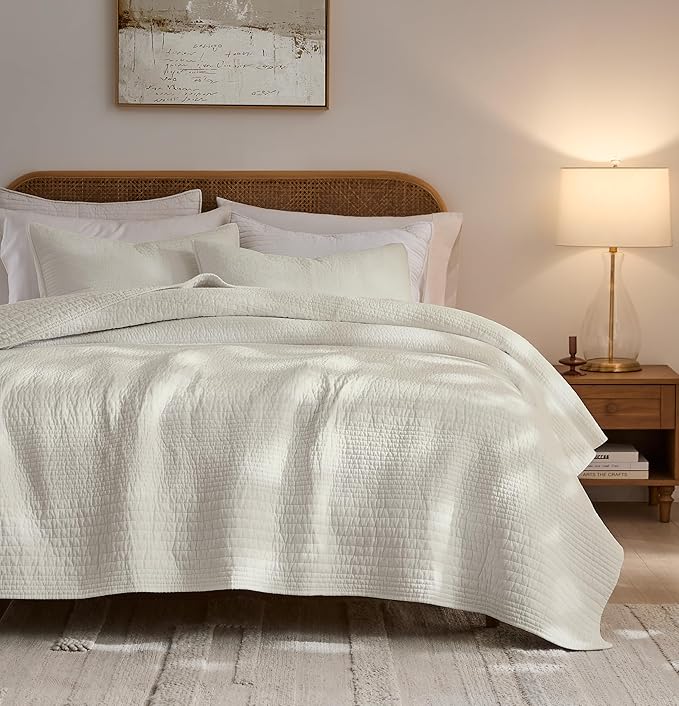 palassio Striped Beige 100% Cotton Quilt Twin Size Bedding Sets, Lightweight Crinkly Channel Pick Stitch Textured Bedspread Soft Shabby Chic Farmhouse Country Coverlet for All Season, 1 Sham