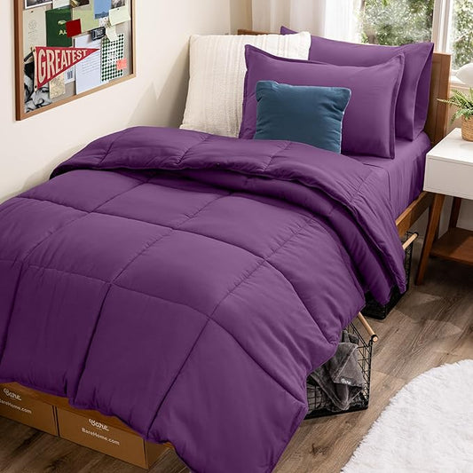 Bare Home Bed-in-A-Bag 5 Piece Comforter & Sheet Set - Twin - Goose Down Alternative - Ultra-Soft 1800 Premium Bed Set (Twin, Plum/Plum)