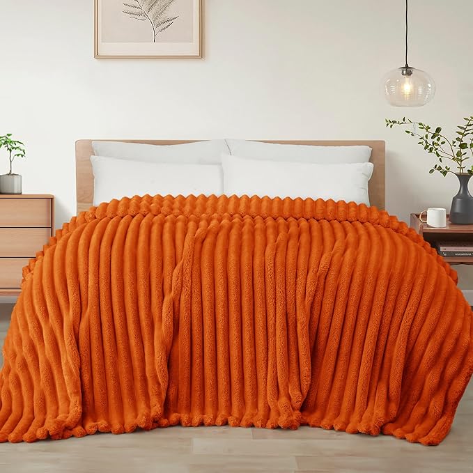 Exclusivo Mezcla Queen Size Flannel Fleece Blanket, Super Soft Striped Jacquard Bed Blanket, Lightweight Fuzzy Cozy for All Seasons, 90x90 Inches, Burnt Orange