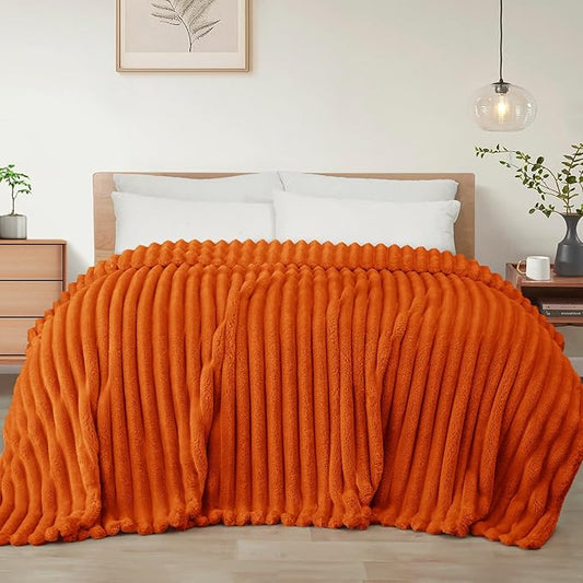 Exclusivo Mezcla Queen Size Flannel Fleece Blanket, Super Soft Striped Jacquard Bed Blanket, Lightweight Fuzzy Cozy for All Seasons, 90x90 Inches, Burnt Orange