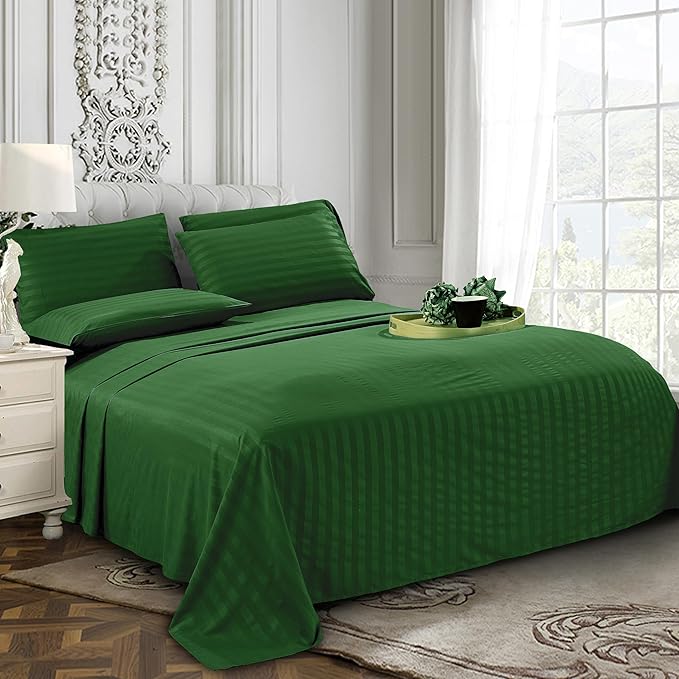 Elegant Comfort Softest and Coziest 4-Piece Sheet Set - 1500 Premium Hotel Quality Microfiber - Deep Pocket, Wrinkle Resistant 4-Piece Damask Stripe Bed Sheet Set, Twin XL, Hunter Green