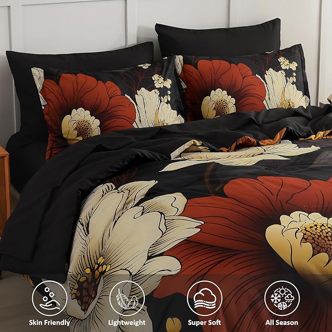 Xruibed Black Floral Comforter Set King Size 7 Pieces Bed in a Bag Flower Bedding Sets Lightweight Boho Bed Set with Sheet,Pillowcases&Shams for All Season