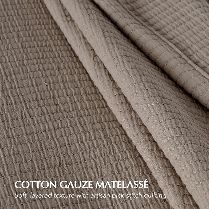 EVERGRACEHOME Cotton Gauze Full Queen Bedspread, Ultra Soft Prewashed Pick Stitch Matelassé Coverlet, Lightweight Textured Oversized Queen Quilt Bedding Set for All Season, w/ 2 Shams, Mocha Brown