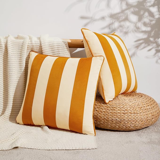 MONDAY MOOSE Decorative Throw Pillow Covers Cushion Cases, Set of 2 Soft Velvet Striped Piping Edge Designs, Pillow Inserts Not Included (22x22 inch, Honey/Cream)
