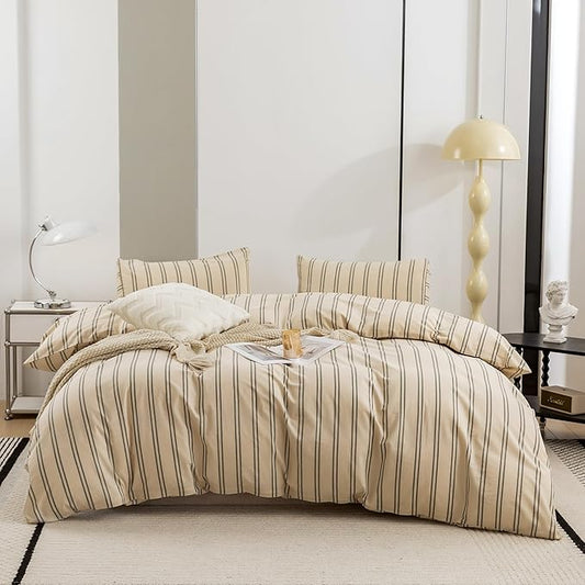 ECOCOTT Duvet Cover Oversized King Size - Linen Feel Organic Natural 100% Washed Cotton, Soft Breathable & Durable Bedding Set, Comfy Stripe Design for All Seasons