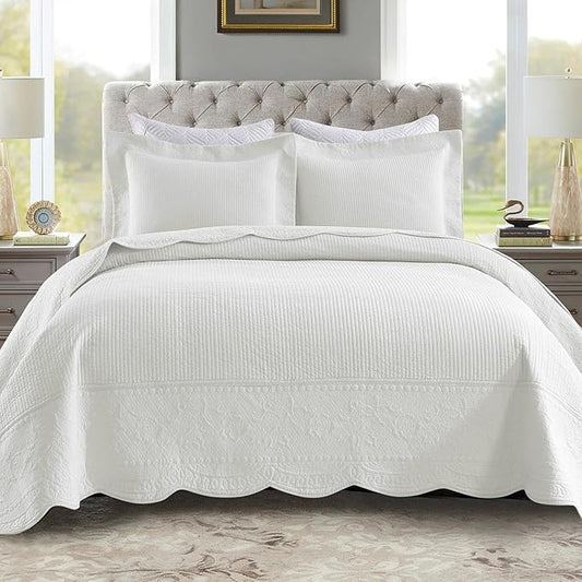 MarCielo 100% Cotton Quilt Set - 3-Piece Embroidered Farmhouse Bedspread & Shams, All-Season Breathable Bedding(TG Bright White,Queen)