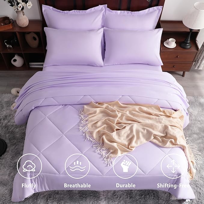 NTBAY King Comforter Set with Sheets, 7 Pieces Soft and Breathable King Bedding Set, Bed in a Bag, Down Alternative Comforter Set Solid Color All Season, Light Purple