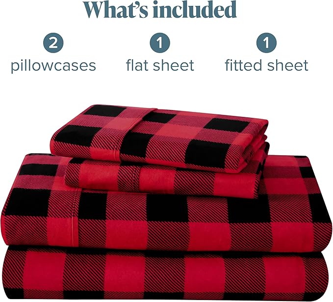 Bare Home Queen Sheet Set - Luxury 1800 Ultra-Soft Microfiber Queen Bed Sheets - Double Brushed - Deep Pockets - 4 Piece Set - Bedding Sheets & Pillowcases (Queen, Buffalo Plaid - Red/Black)