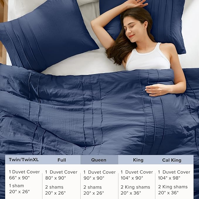 Comfort Spaces Navy Queen Duvet Cover Set - 3-pc Pintuck Pleated, All Season Lightweight, Extra Soft Pre-Washed Microfiber Bed Cover Shams