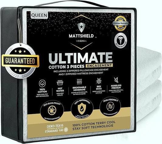 MATTSHIELD Ultimate 3-Piece Kit - Bed Bug-Proof Mattress Cover Queen Size 100% Cotton Top + 2 Pillow Protectors with Zipper - 6 Sided Waterproof Encasement, Total Defense Kit
