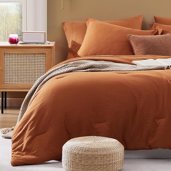 WRENSONGE Super King Comforter Set- 7 Pieces Soft Burnt Orange Bed in a Bag with Fitted Sheet, Flat Sheet, 2 Shams, and 2 Pillowcases-Warm Bed Sets Fall Comforter for All Seasons
